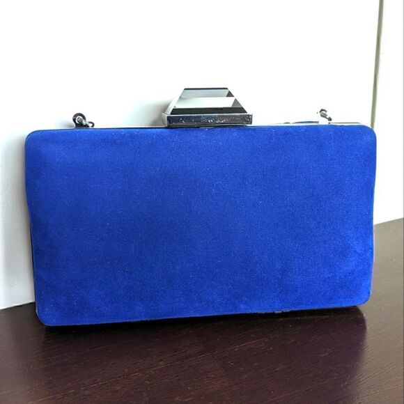 JNB Blue Faux Micro Suede Dress Handbag with Optional Chain Strap - Picture 7 of 11